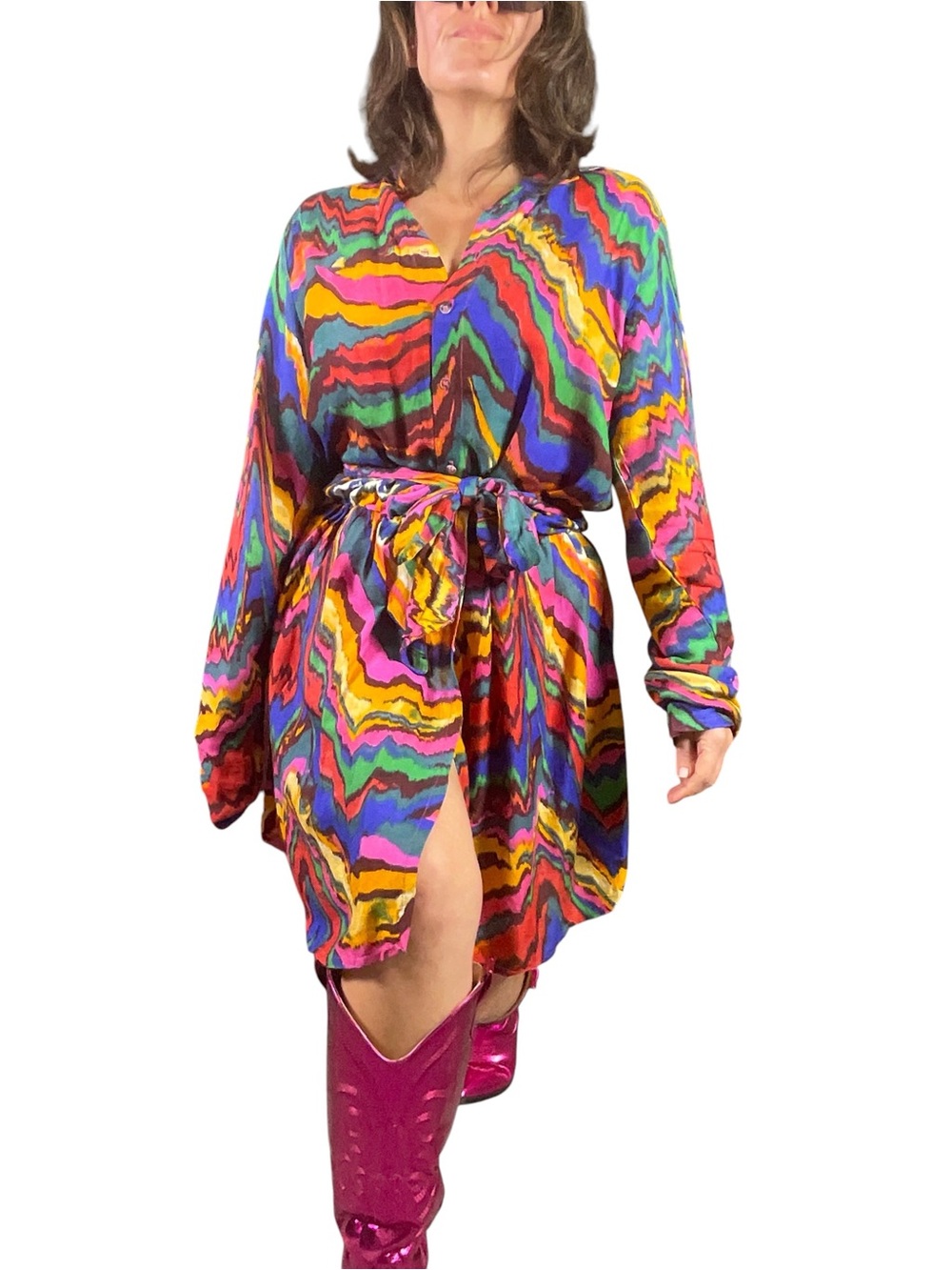 Venus Small Colorful Rayon Faux Wrap Dress Drop Waist Tie Belt Boho Art Print
